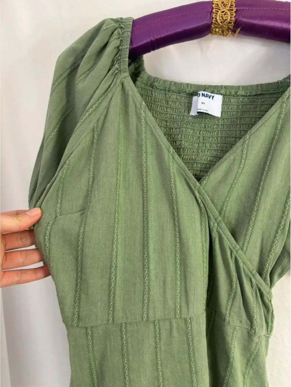 Sage Green Cotton V‎ Neck Babydoll Puff Sleeve Boho Whimsy Wrap Top Size XS-M